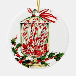Vintage Sweet Treats - Jar of Candy Canes Ceramic Ornament