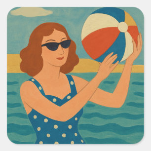 Vintage Swimmer with Beach Ball Square Sticker