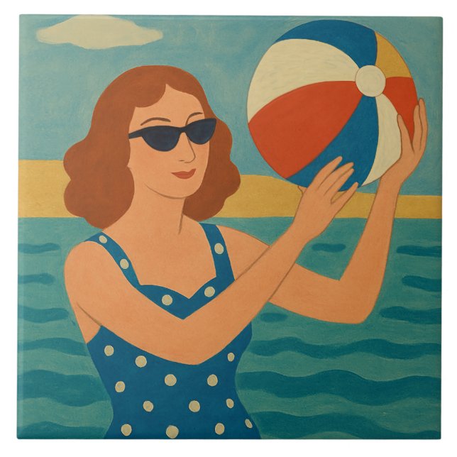 Vintage Swimmer with Beach Ball Tile (Front)
