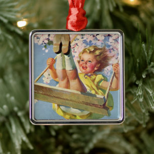 Vintage Swing, Girl Swinging in a Tree Childs Play Metal Ornament