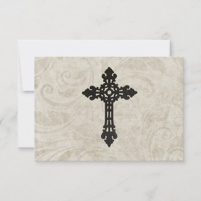 Vintage Swirl Catholic Cross RSVP  Card (Front)