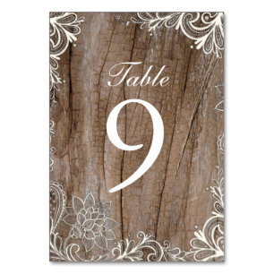 vintage swirls barn wood  lace country wedding table number
