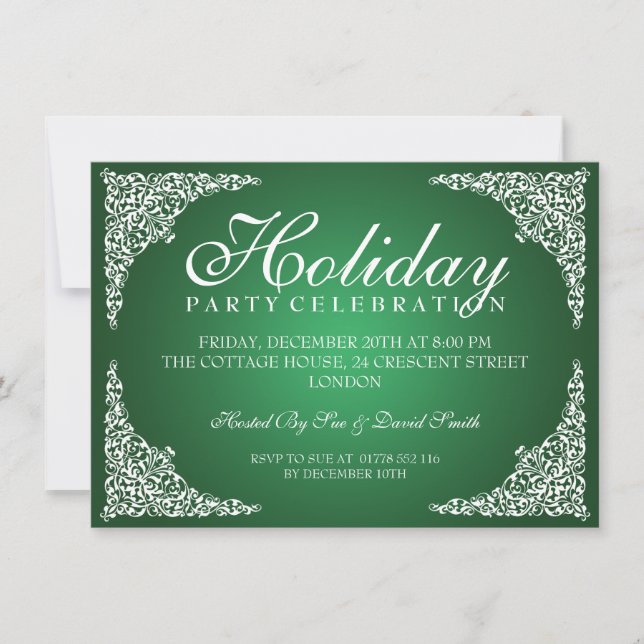 Vintage Swirls Holiday Party Green Invitation (Front)