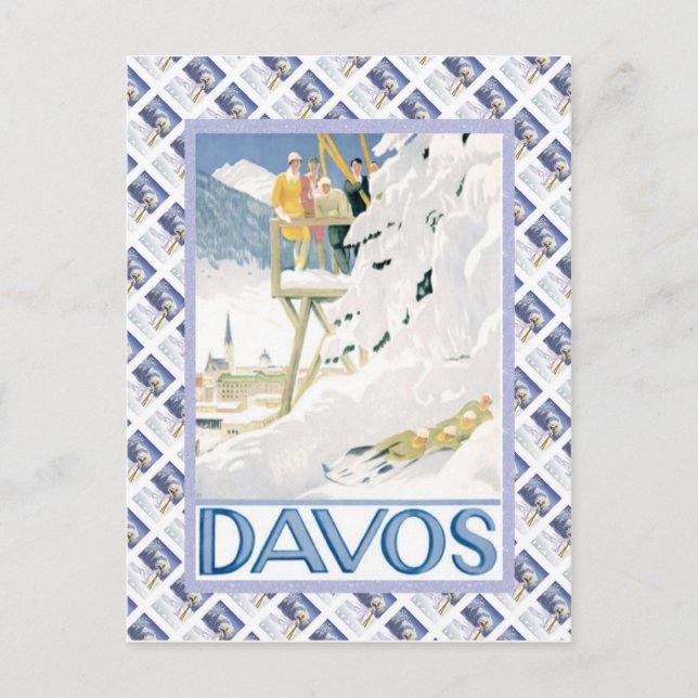 Vintage Swiss Raulway Poster, Davos Postcard (Front)