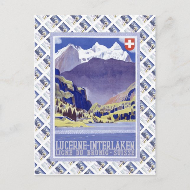 Vintage Swiss Raulway Poster, Interlaken Luzern Postcard (Front)