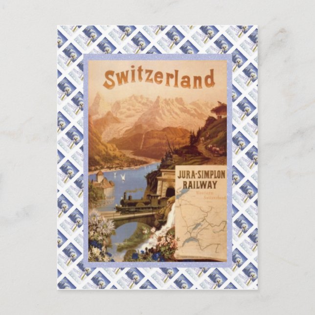 Vintage Swiss Raulway Poster, Jura Simplon Postcard (Front)