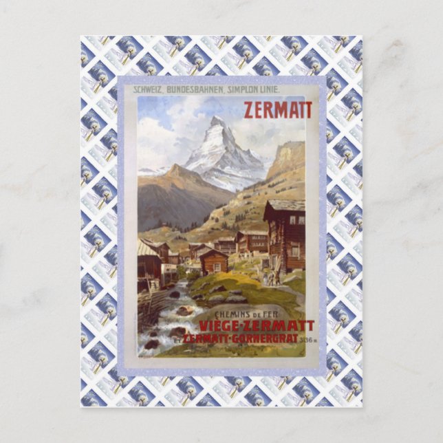 Vintage Swiss Raulway Poster, Zermatt Postcard (Front)