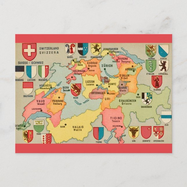 Vintage Switzerland Map Postcard (Front)