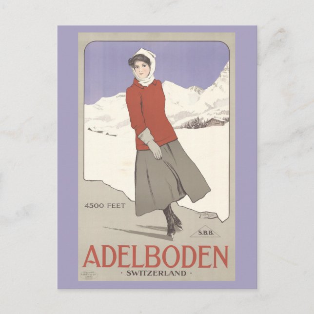 Vintage Switzerland Winter Skating Swiss Travel Postcard (Front)