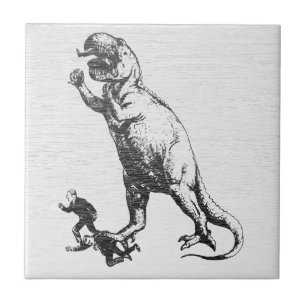 Vintage T-Rex Chasing Businessmen Ceramic Tile