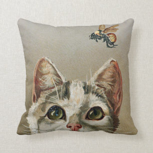Vintage Tabby Cat and Bee Throw Pillow