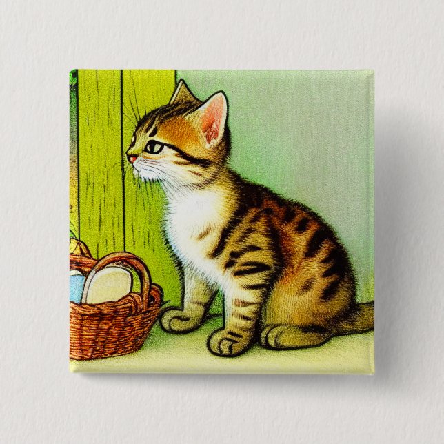 Vintage Tabby Cat Illustration 2 Inch Square Button (Front)