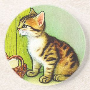 Vintage Tabby Cat Illustration Coaster