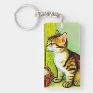 Vintage Tabby Cat Illustration Keychain