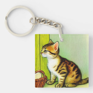 Vintage Tabby Cat Illustration Keychain