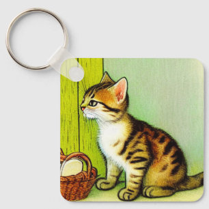 Vintage Tabby Cat Illustration Keychain