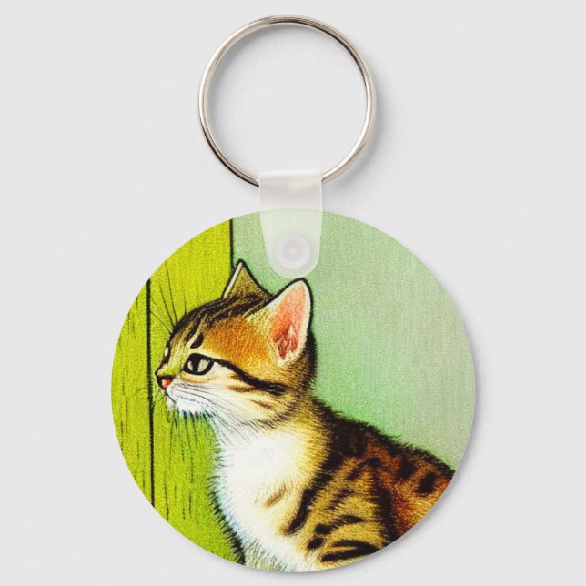 Vintage Tabby Cat Illustration Keychain (Front)
