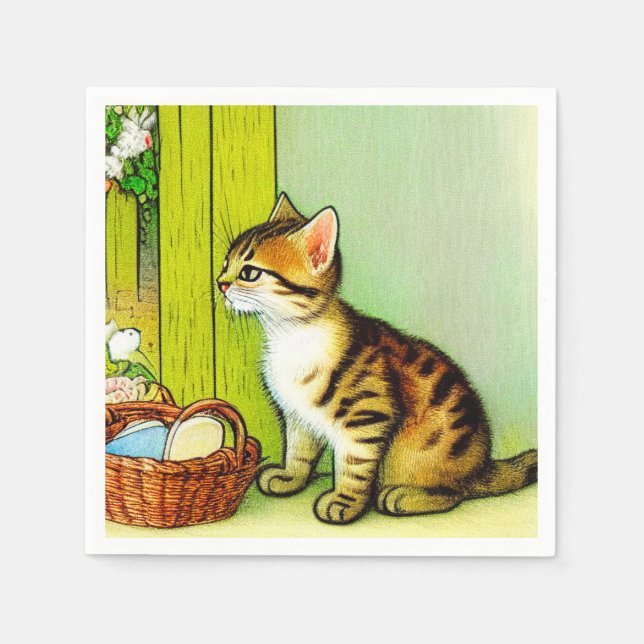 Vintage Tabby Cat Illustration Napkin (Front)