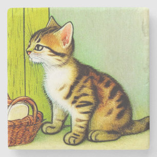 Vintage Tabby Cat Illustration Stone Coaster