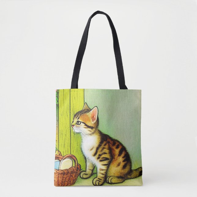 Vintage Tabby Cat Illustration Tote Bag (Front)