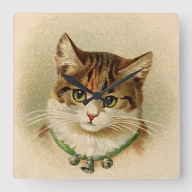 Vintage Tabby Cat Print Square Wall Clock (Front)
