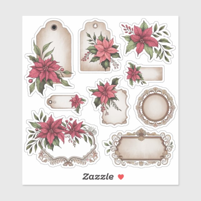 Vintage Tags Ephemera Poinsettia Sticker Sheet (Sheet)