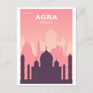 Vintage Taj Mahal Agra India City Skyline Pink Postcard