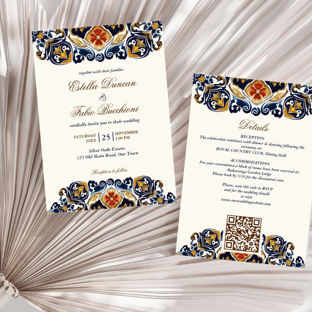Vintage Talavera Azulejo blue tiles wedding Invitation (Vintage Talavera Azulejo blue tiles Mediterranean Spanish Mexican all in one wedding Invitation)