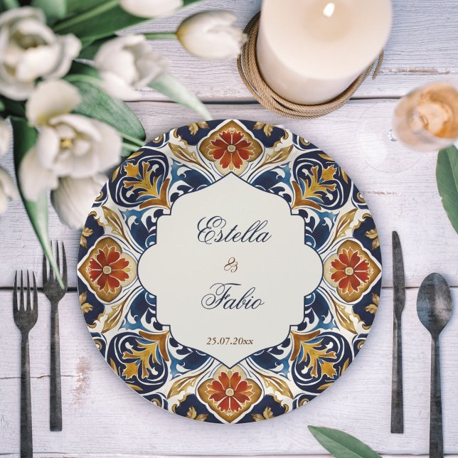 Vintage Talavera Azulejo blue tiles wedding Paper Plate (Vintage Talavera Azulejo blue tiles monogram personalized wedding Paper Plates reception decor)