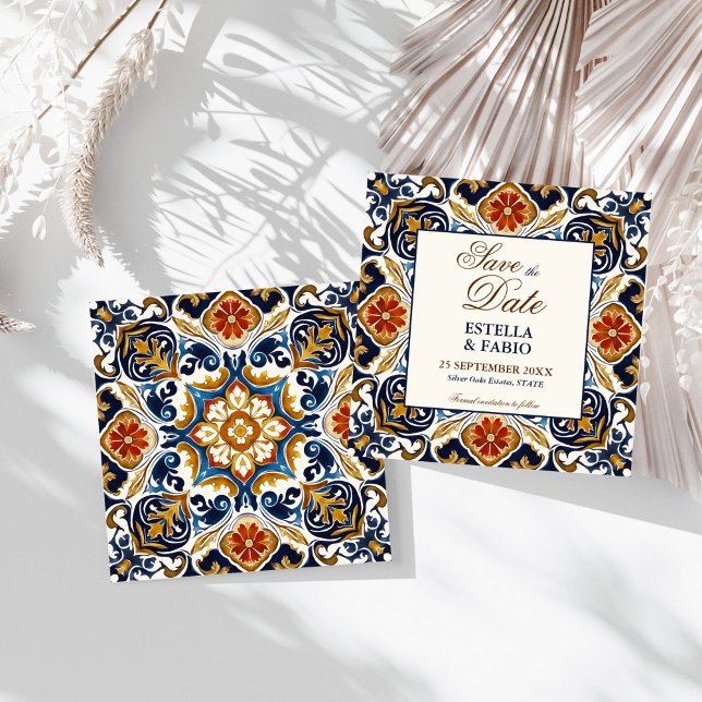 Vintage Talavera Azulejo wedding  Save The Date (Vintage Talavera Azulejo blue tiles Mediterranean Spanish wedding Save The Date cards)