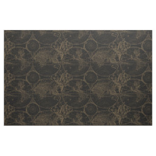 Vintage Tan and Black World Map Pattern Fabric