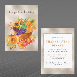 Vintage Tan Basket Vegetables Floral Thanksgiving Invitation