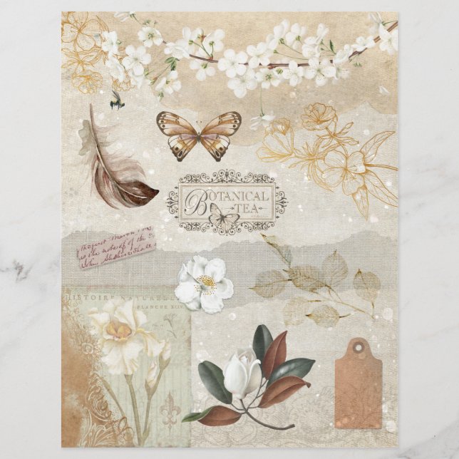 Vintage Tan Brown Decoupage Floral Scrapbook Paper (Front)
