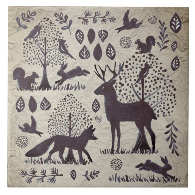 Vintage Tan Grey Woodland Animal Fox Rabbit Tile (Front)