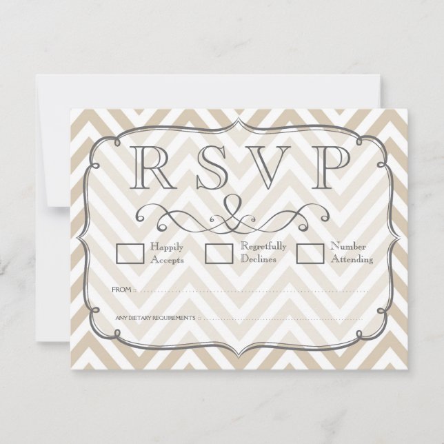 Vintage Tan & White Chevron Wedding RSVP Cards (Front)