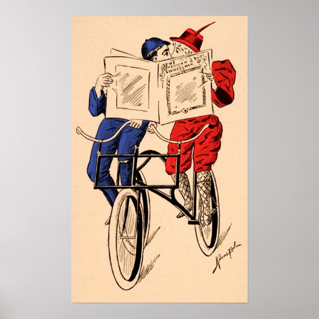 Vintage Tandem Bicycle Couple Reading Kissing Poster (Front)