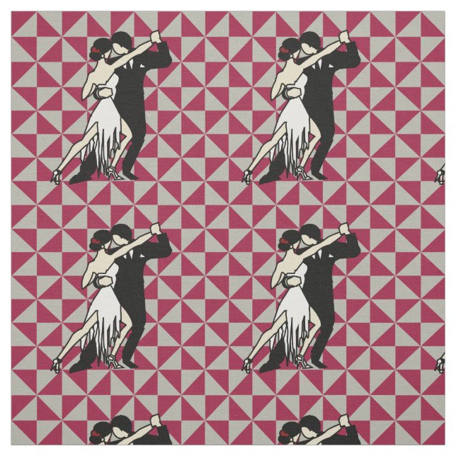 Vintage Tango Dancers Burgundy & White Geometric Fabric (Swatch)
