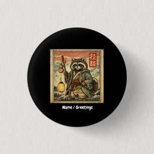Vintage Tanuki Folklore Stamp Style Illustration 1 Inch Round Button