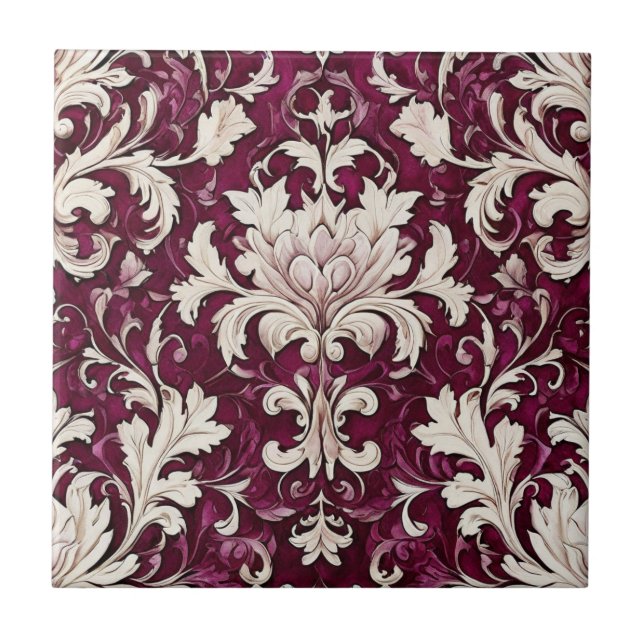 Vintage Tapestry: Burgundy & Cream Ceramic  Tile (Front)