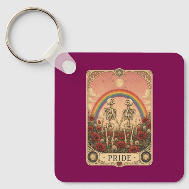 Vintage Tarot Card Pride Skeleton Lovers Rainbow  Keychain (Front)