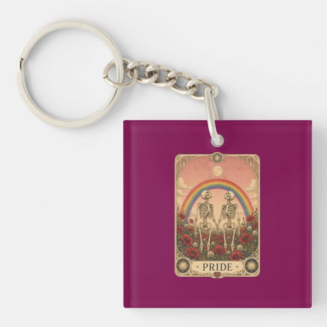 Vintage Tarot Card Pride Skeleton Lovers Rainbow  Keychain (Front)