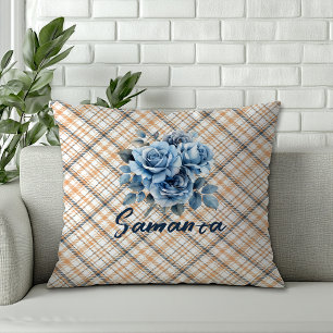 Vintage tartan watercolor rose beige blue name throw pillow