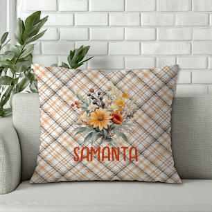 Vintage tartan watercolor wildflower green name throw pillow