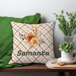 Vintage tartan watercolor wildflower green name throw pillow