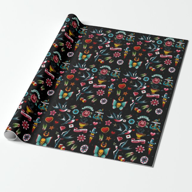 Vintage Tattoo Gift Wrapping Paper (Unrolled)