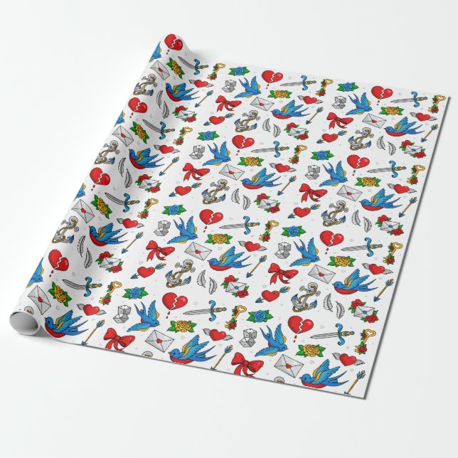 Vintage Tattoo Gift Wrapping Paper (Unrolled)