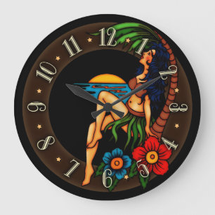 Vintage Tattoo Island Sunset Large Clock
