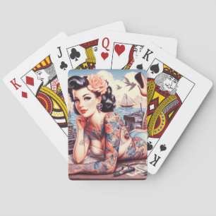 Vintage Tattoo Old School Girl Playing Cards