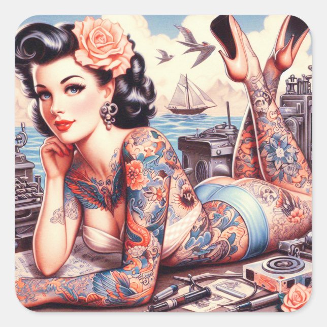 Vintage Tattoo Old School Girl Square Sticker (Front)