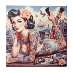 Vintage Tattoo Old School Girl Tile